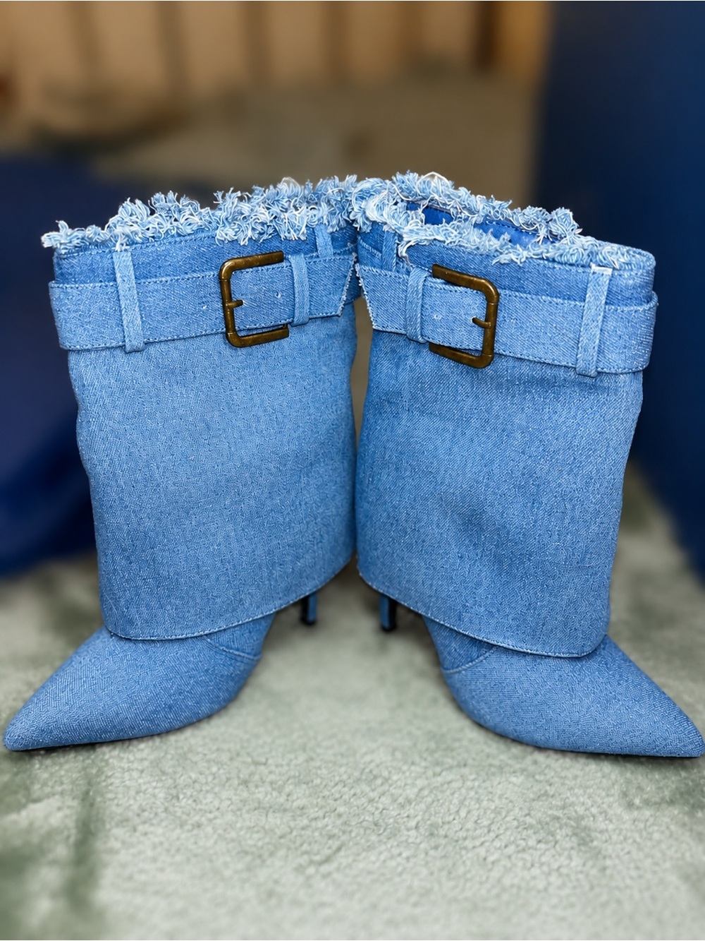 Denim Fold-Over Pointed Toe Ankle Boots - Light Blue